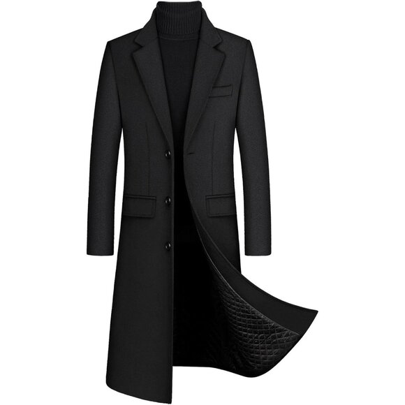 💫 Men Black Long Sleeve Trench Coat Single Breasted Quilted Cotton Wool Peacoat